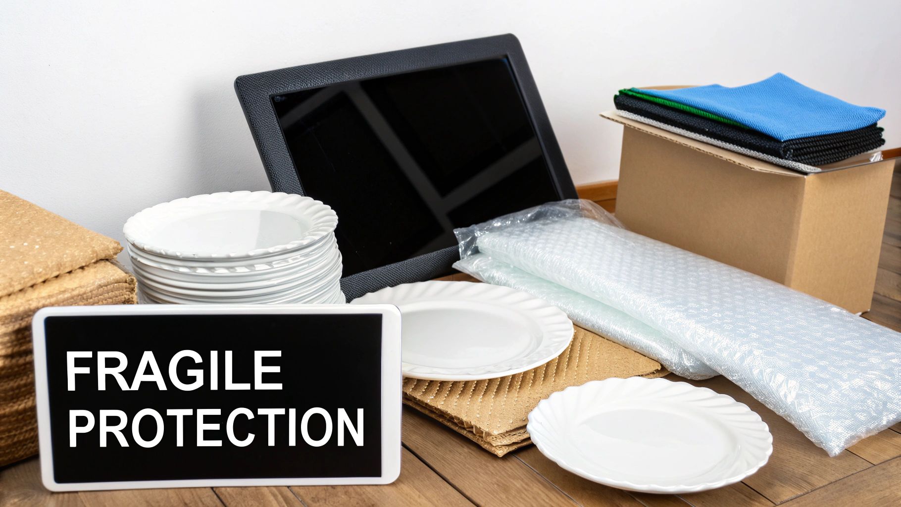 Packing materials for fragile items, including stacked plates, bubble wrap, and a 'FRAGILE PROTECTION' sign.
