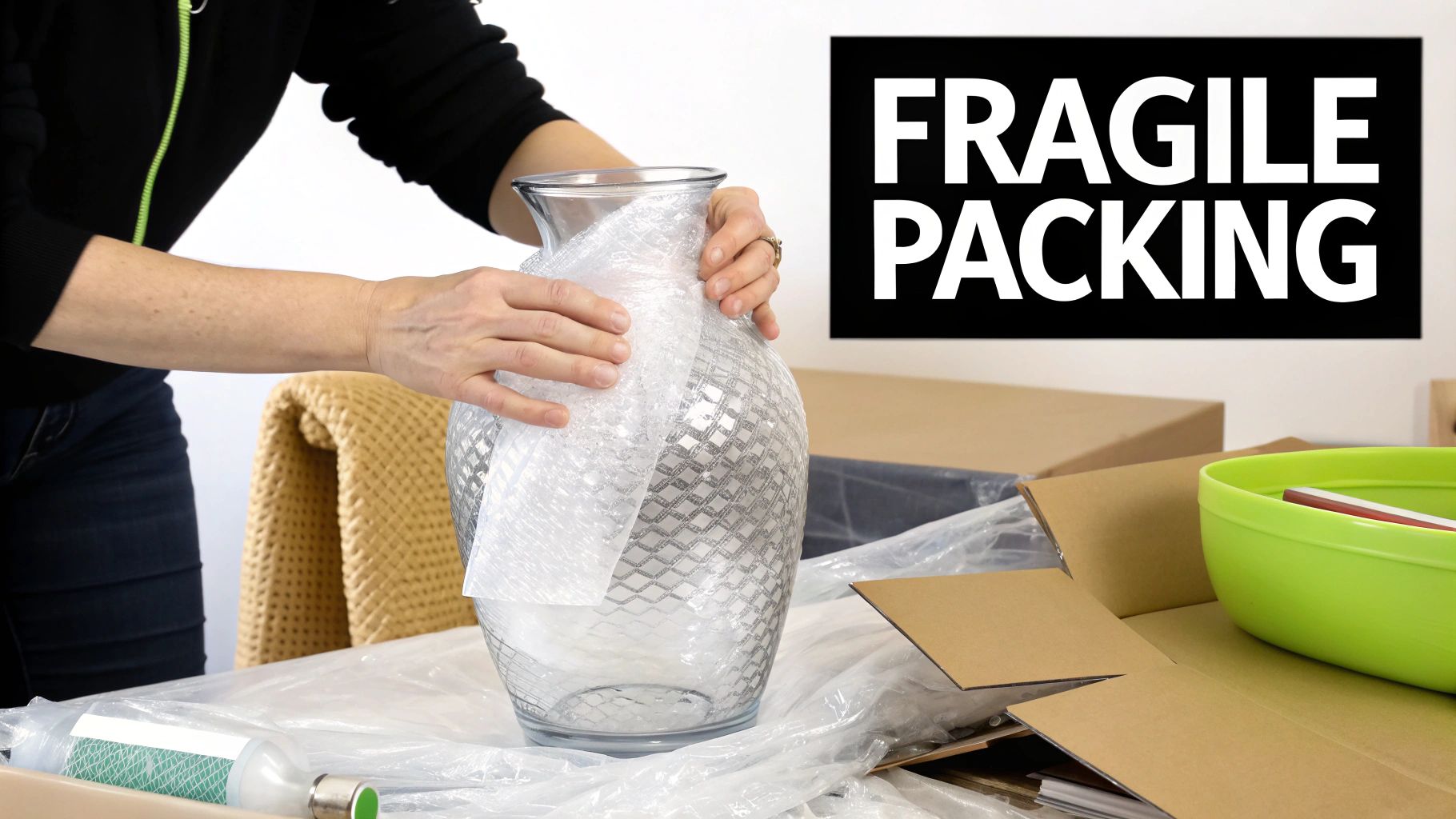 A person carefully wrapping a fragile plate in packing paper.