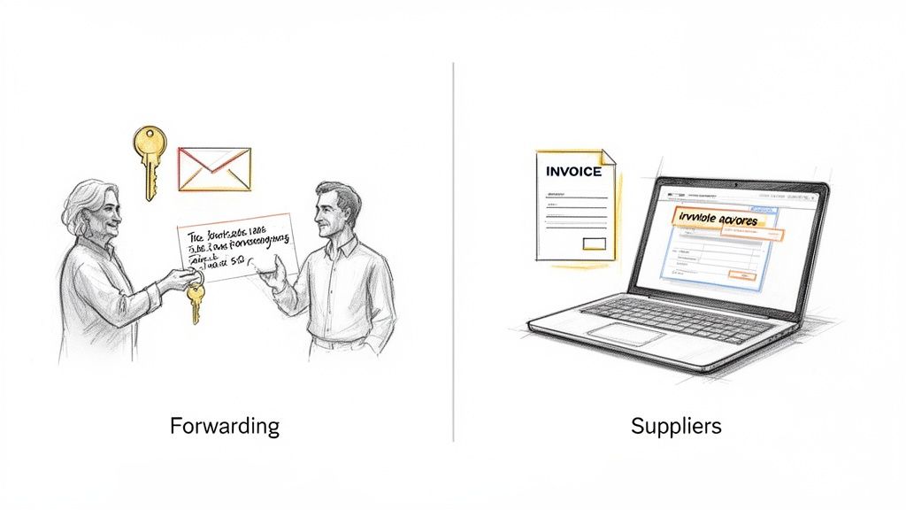Two scenes: people forwarding keys and mail on the left, and a laptop displaying digital invoice processing on the right.