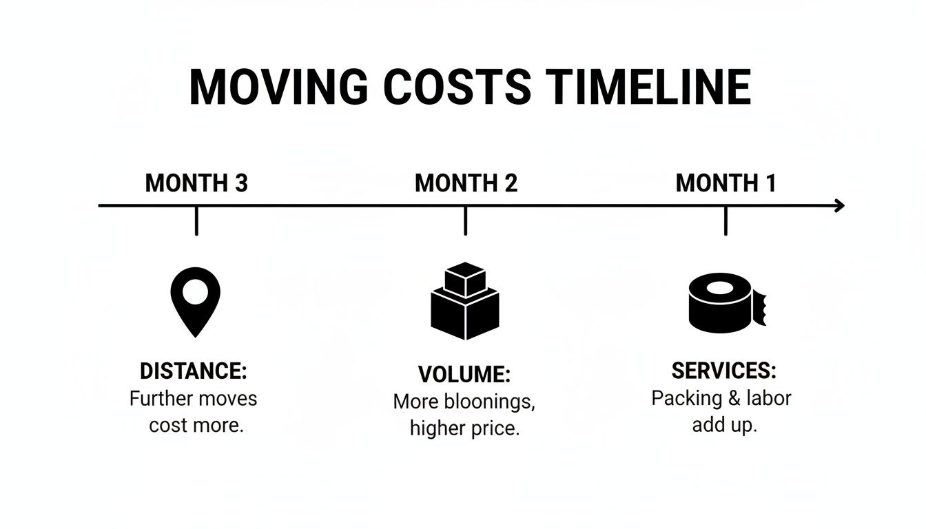 Timeline illustrating moving costs factors: distance, volume of belongings, and services over three months.