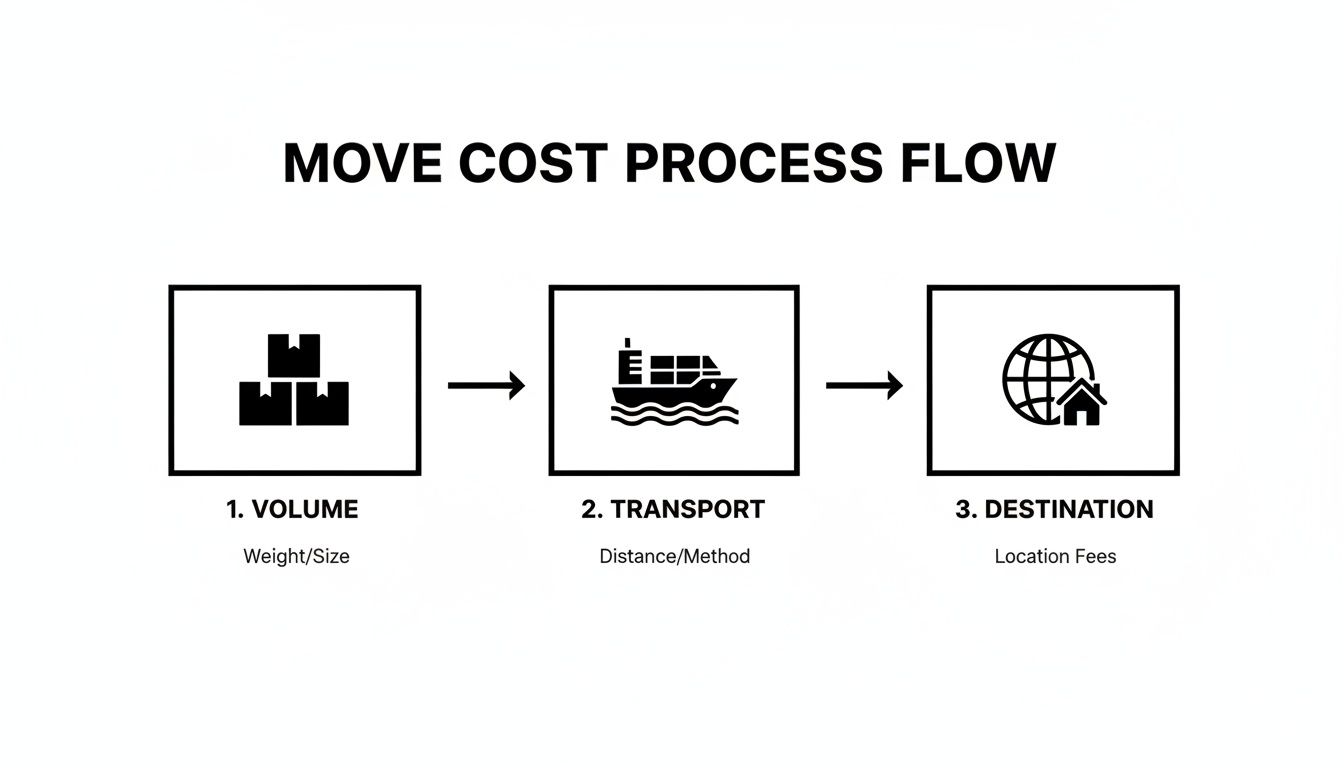 A move cost process flow diagram showing volume, transport, and destination as key factors.