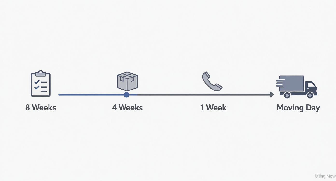 A visual timeline detailing the preparation process for moving house, from 8 weeks out to moving day.
