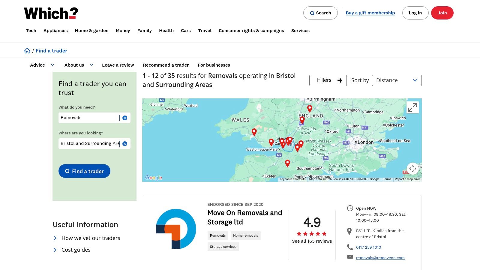 A screenshot of the Which? Trusted Traders website showing a search for removal companies in the Bristol area, with a list of endorsed traders.