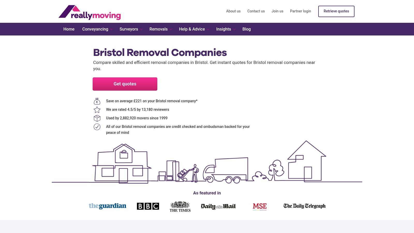 A screenshot of the reallymoving website showing their Bristol removal services directory and a quote request form.