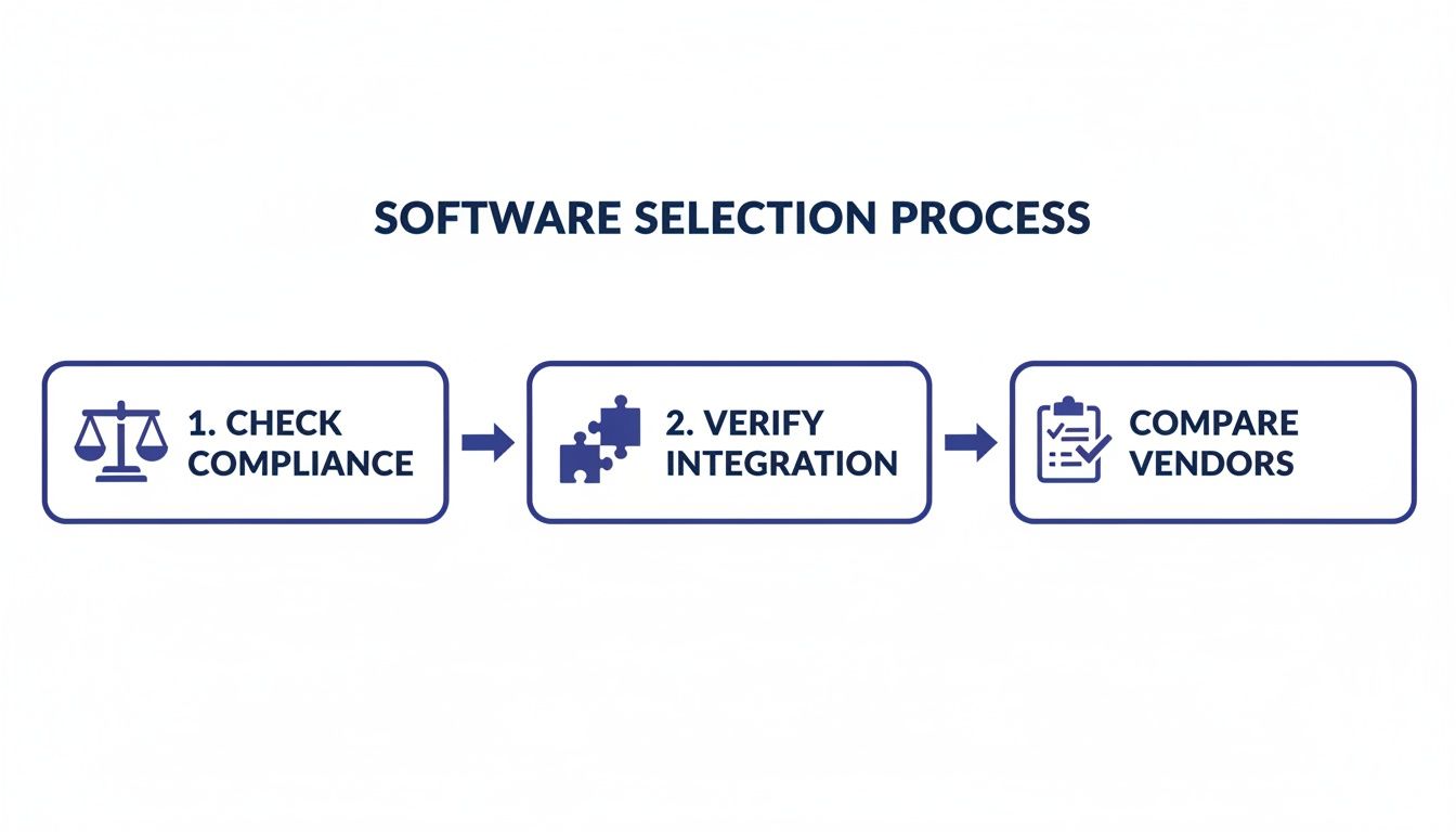 A three-step software selection process diagram showing compliance, integration, and vendor comparison.