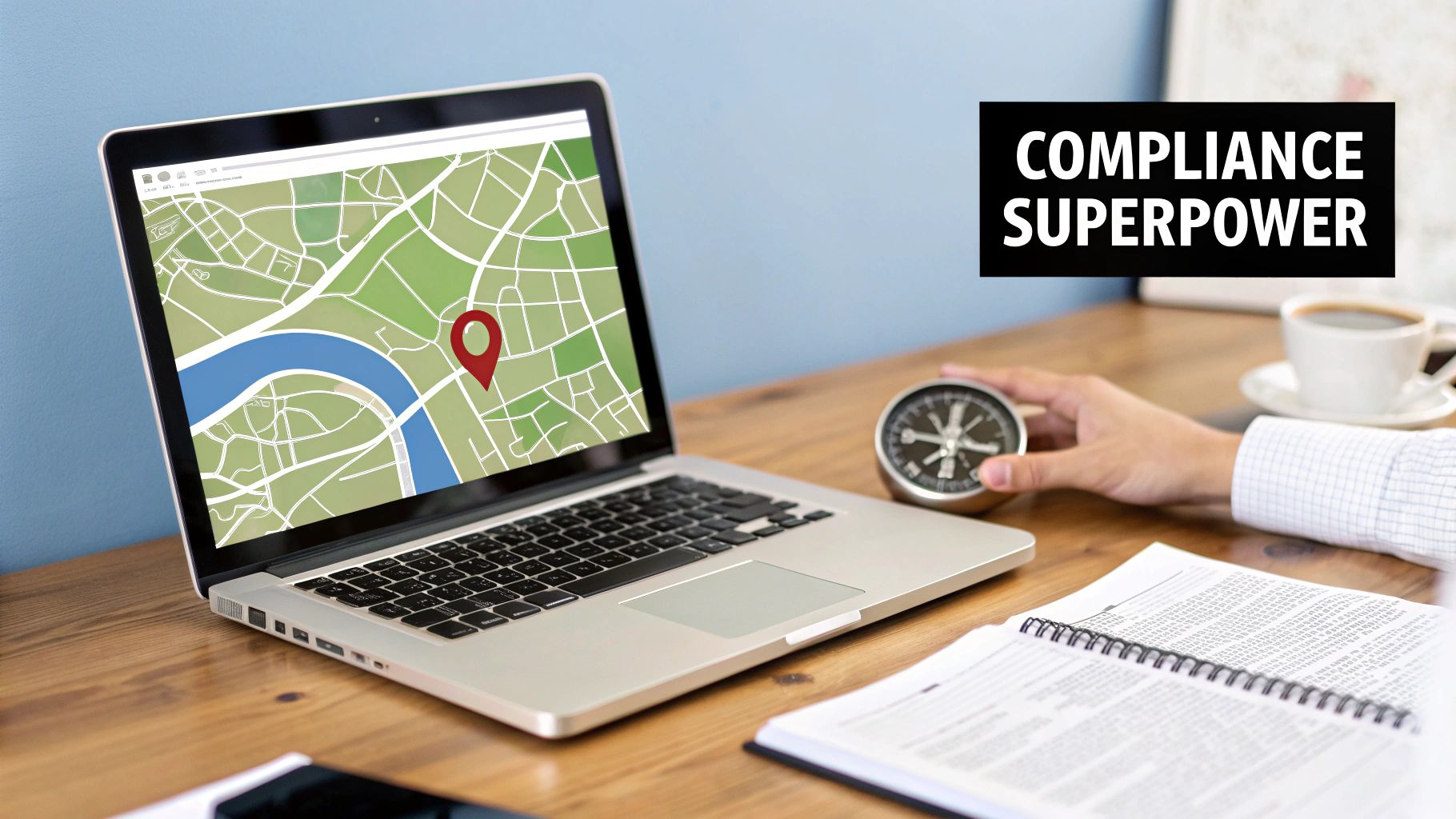 A desk with a laptop displaying a map and a red pin, a hand holding a compass, and text 'COMPLIANCE SUPERPOWER'.