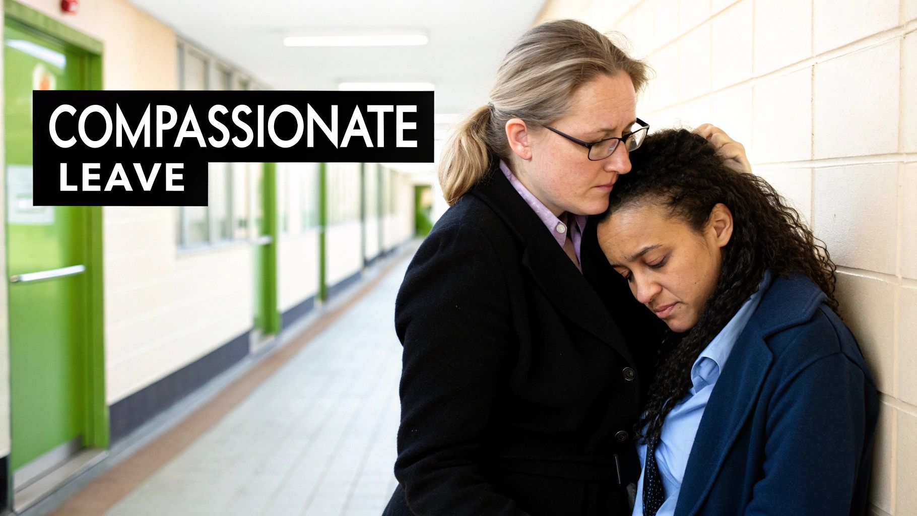 Two people comforting each other in a supportive workplace setting.