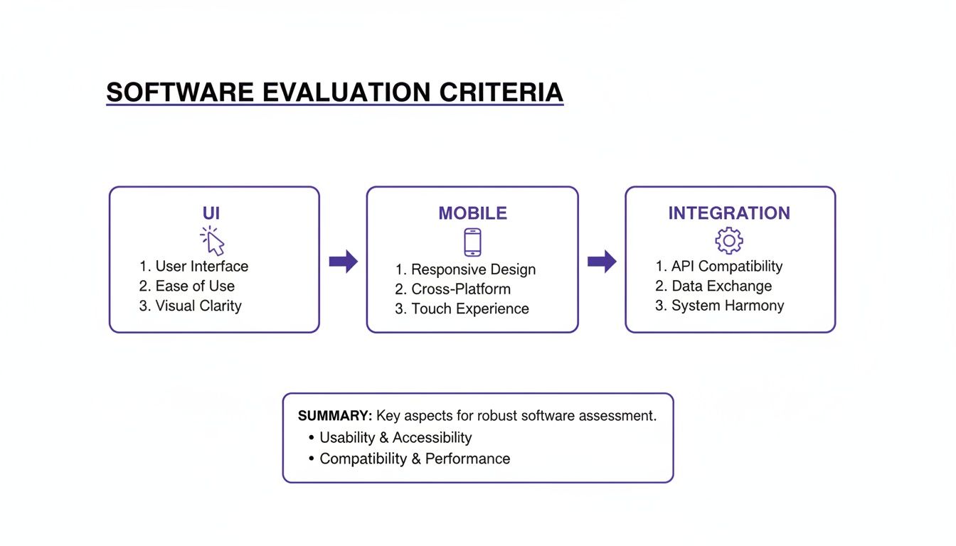 Diagram outlining software evaluation criteria for UI, mobile, and integration, plus a summary.