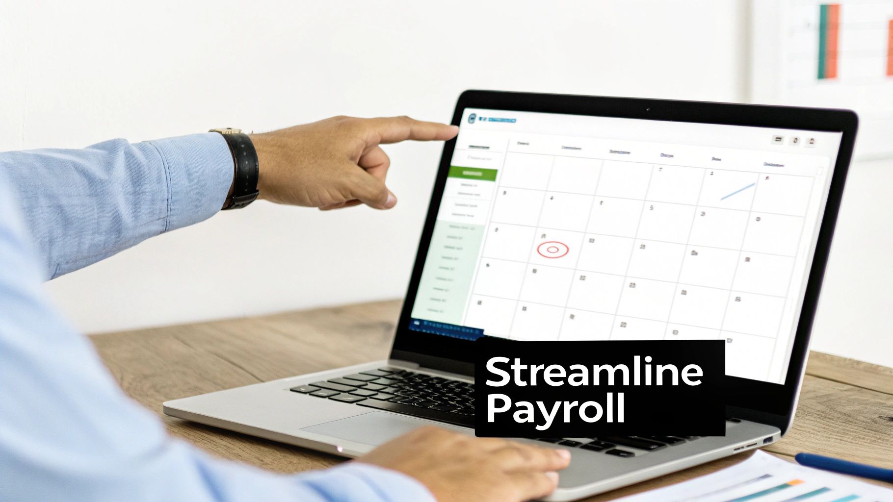 A person points at a laptop screen displaying a calendar with a 'Streamline Payroll' text overlay.
