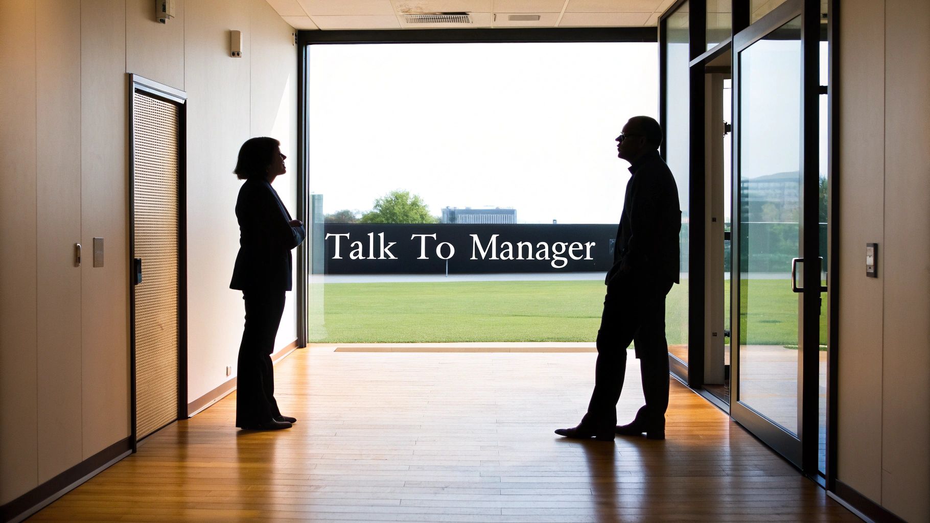 A person in a professional setting having a calm, one-on-one conversation with their manager.