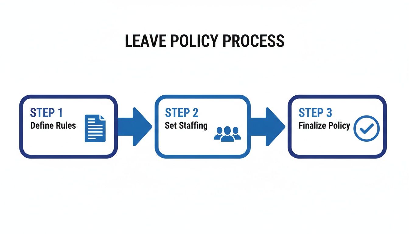Diagram illustrating a three-step leave policy process: Define Rules, Set Staffing, Finalize Policy.