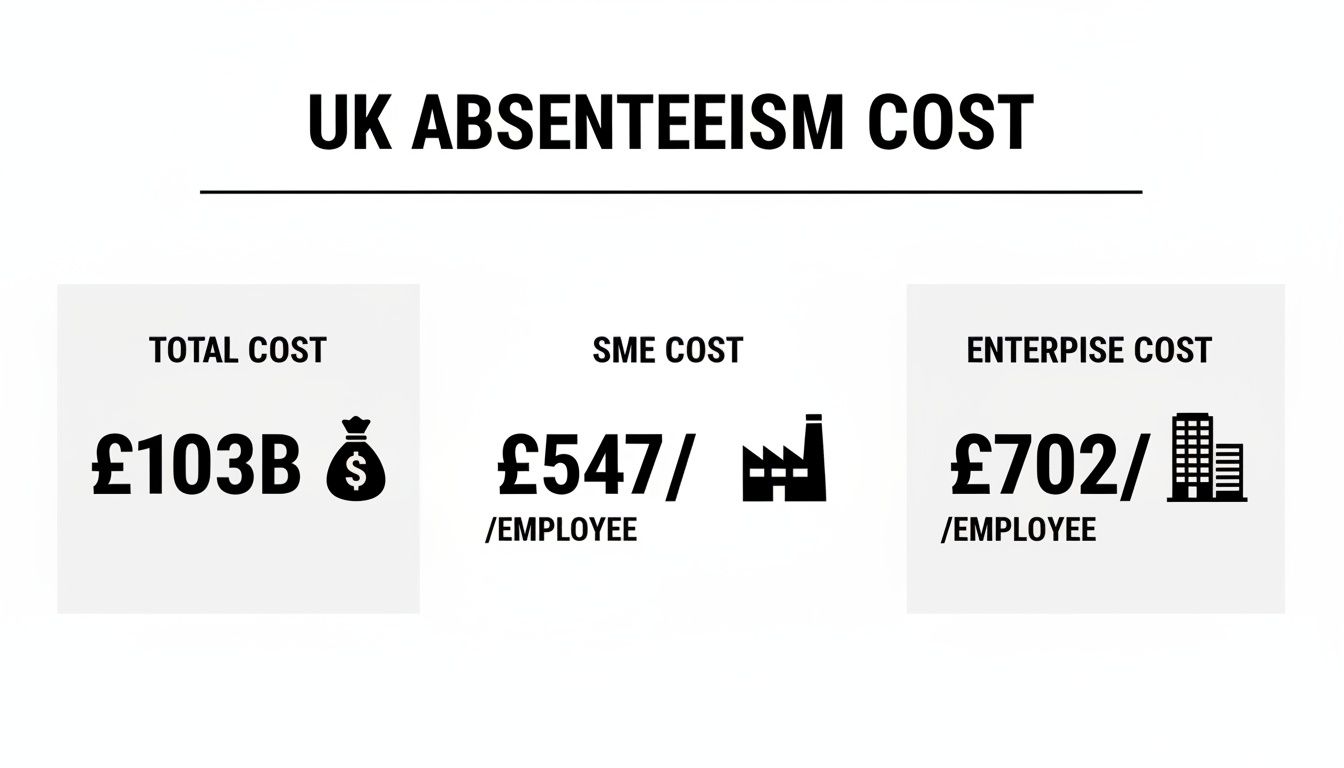 Infographic displaying UK absenteeism costs: &pound;103B total, &pound;547/employee for SMEs, &pound;702/employee for enterprises.