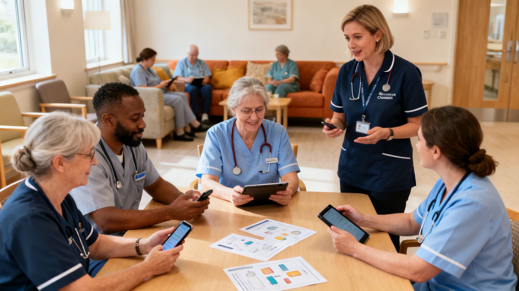 Diverse group of care home staff collaborating during a meeting with digital devices.