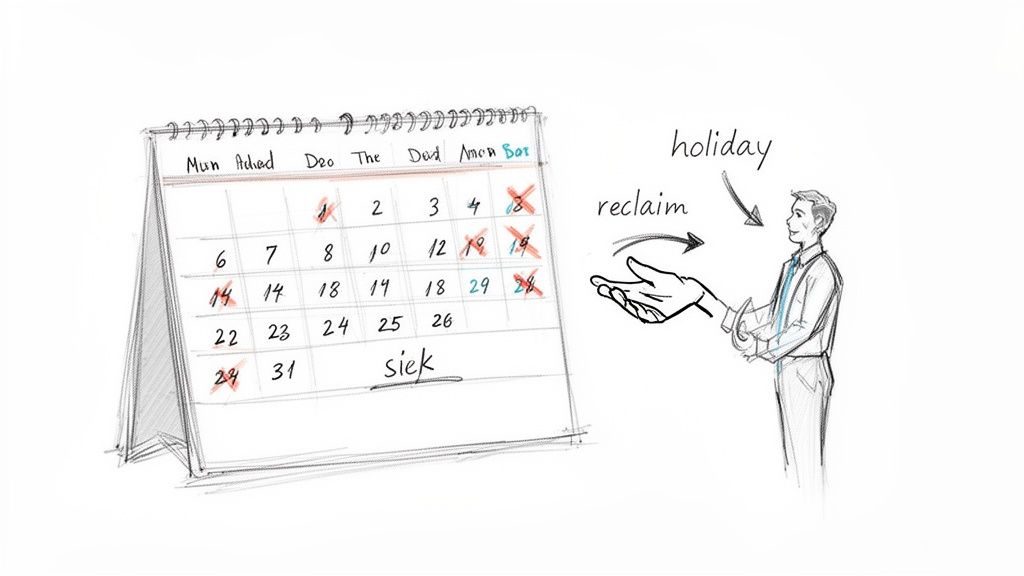 A sketch showing a calendar with crossed-out dates and a man reclaiming holiday due to sickness.