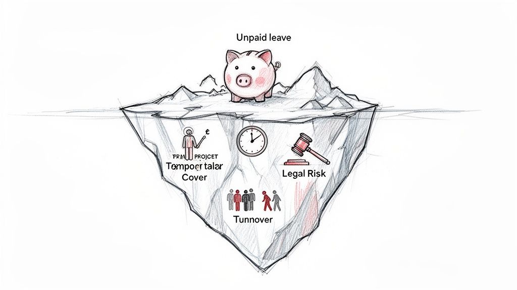 Iceberg illustration showing unpaid leave's visible and hidden costs: temporary cover, legal risk, and employee turnover.