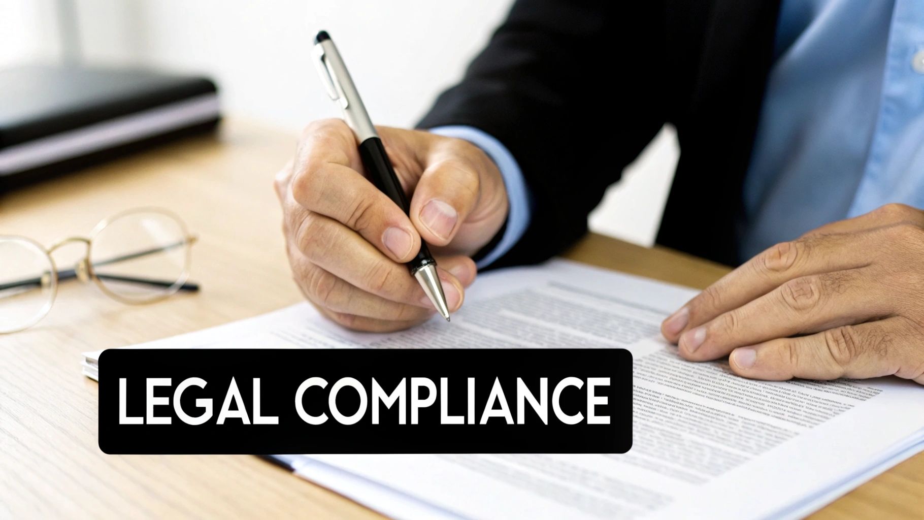 A person in a business suit is signing a legal document with a pen, with glasses nearby, signifying legal compliance.