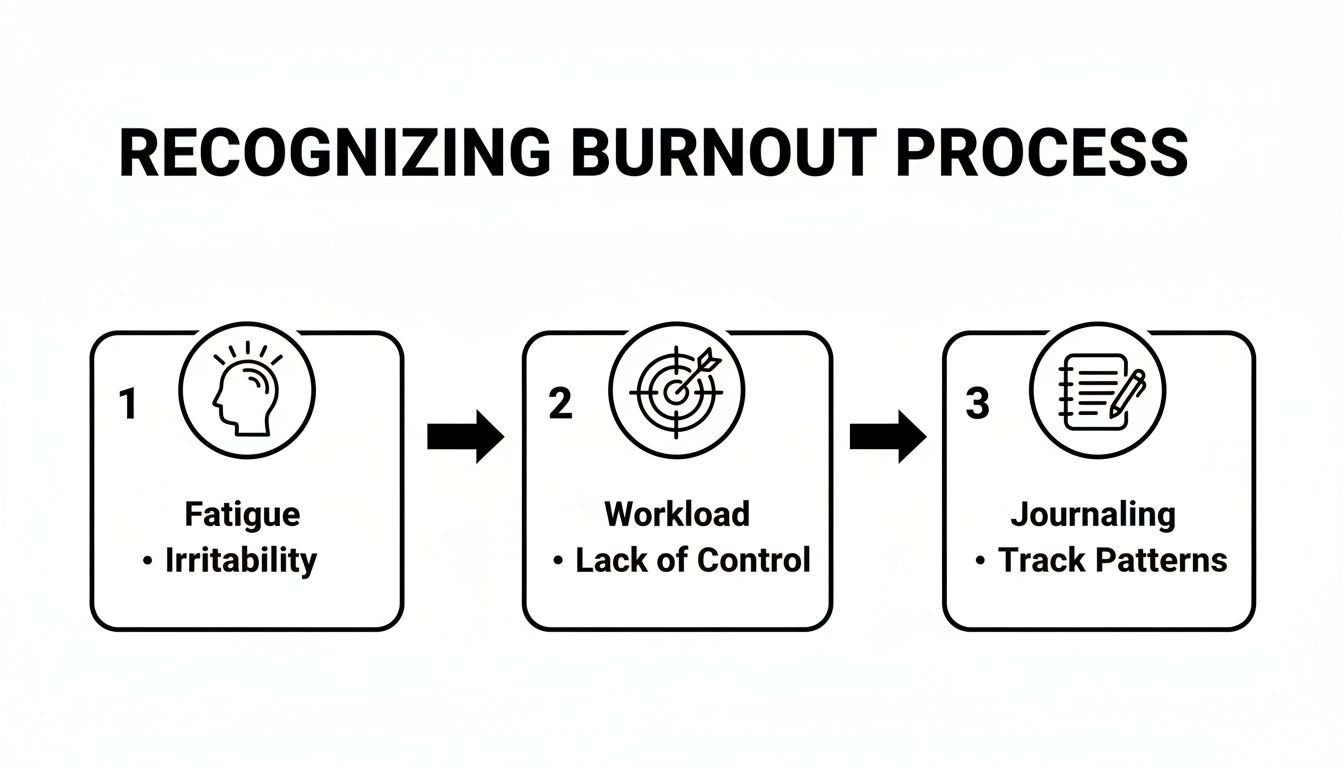 Infographic illustrating the 3-step process for recognizing burnout, including fatigue, workload, and journaling.