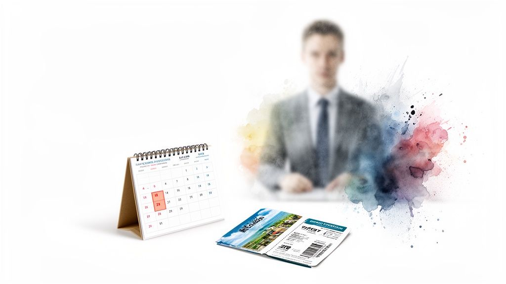 A desk calendar showing highlighted dates, a travel ticket, and a blurred person with colorful watercolor splashes.