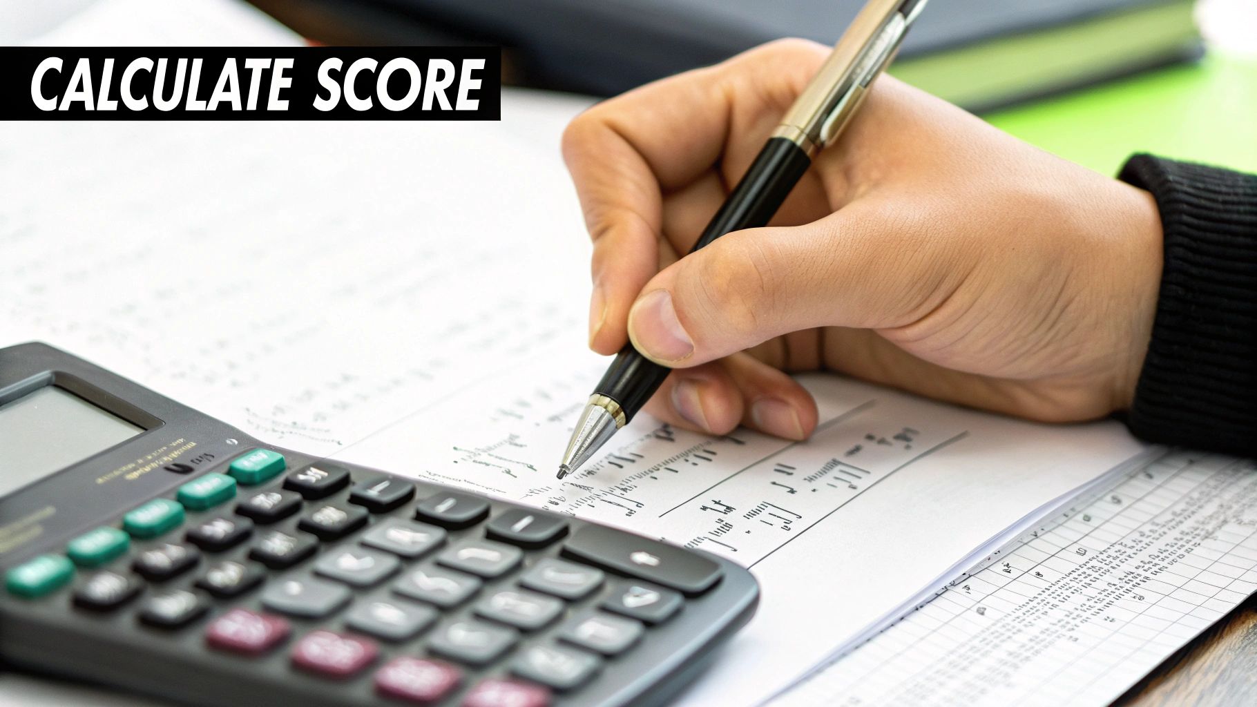 A calculator and a pen lying on a desk with charts and graphs in the background