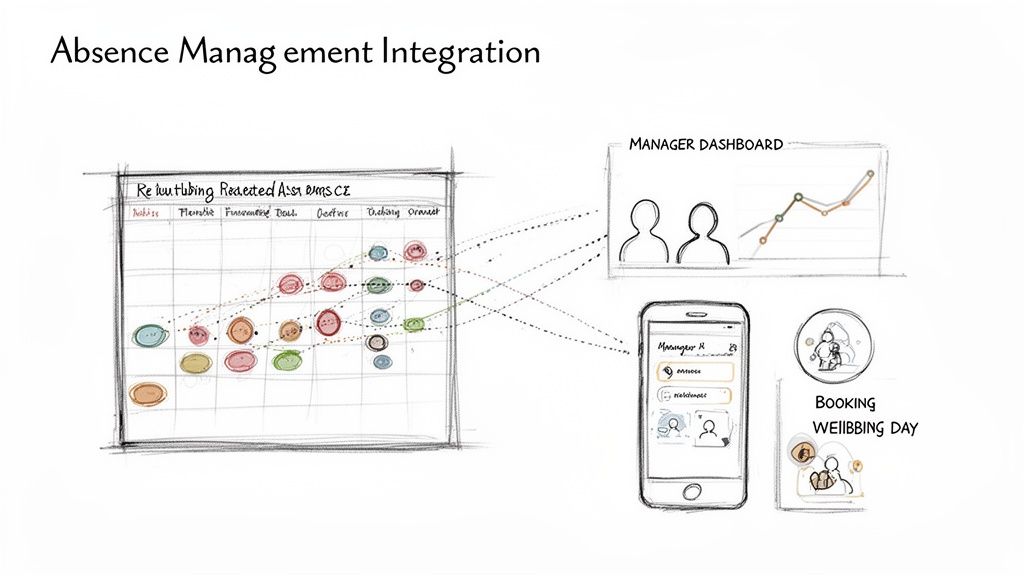 Conceptual sketch of an absence management system integrating a manager dashboard, mobile app, and wellbeing booking.