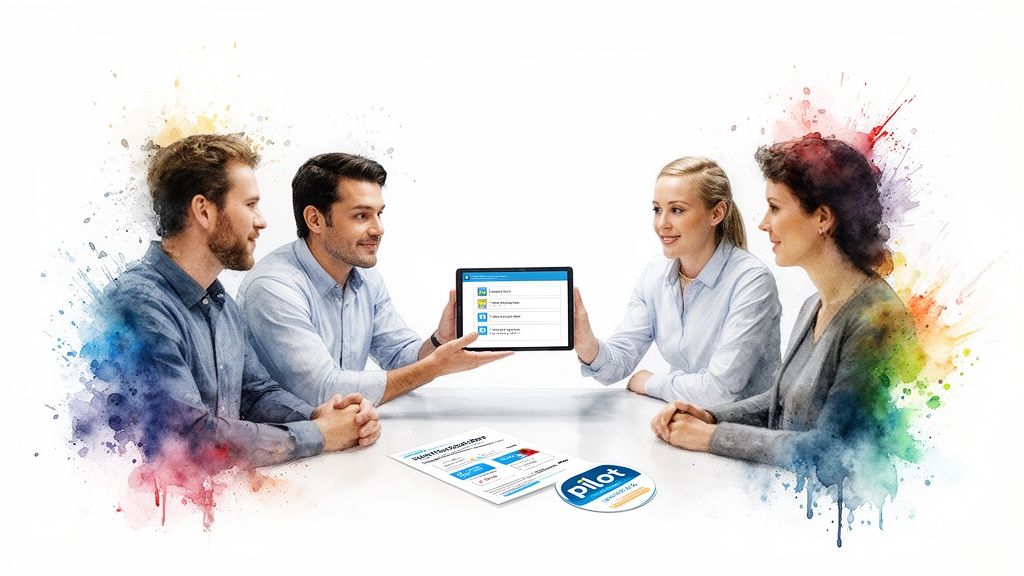 Four professionals collaborate, discussing software features displayed on a digital tablet in a meeting.