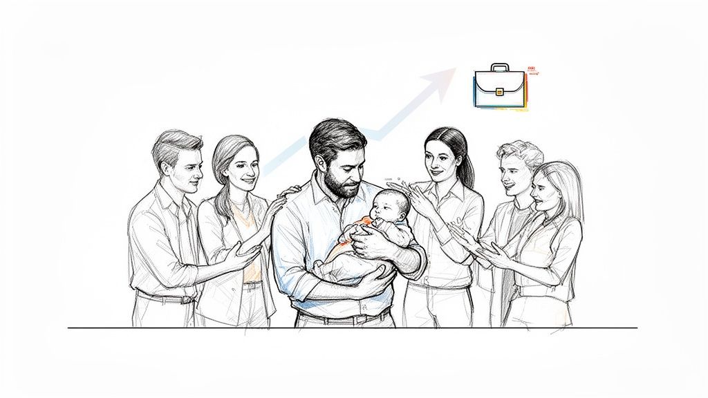 A diverse group of colleagues celebrating a new father holding his baby, with a growth arrow and briefcase icon.