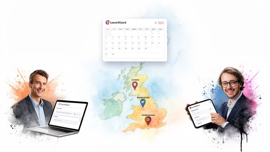Two smiling men using LeaveWizard holiday management software on a laptop and tablet, with a UK map showing multi-location support.