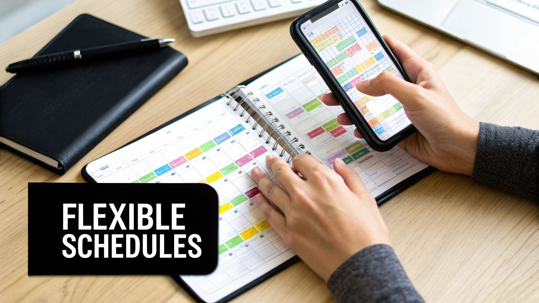 Person comparing a physical calendar planner with a digital calendar on a smartphone, highlighting flexible schedules.