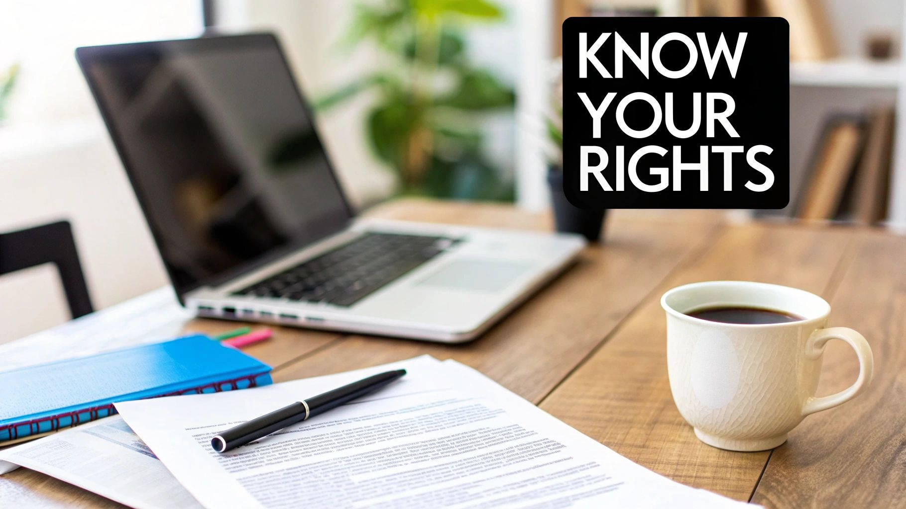 A desk with a laptop, papers, pen, coffee, and 'KNOW YOUR RIGHTS' text overlay.