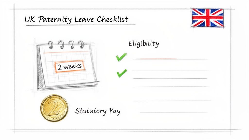 A UK Paternity Leave Checklist featuring a calendar with '2 weeks', a coin for 'Statutory Pay', and 'Eligibility' section.