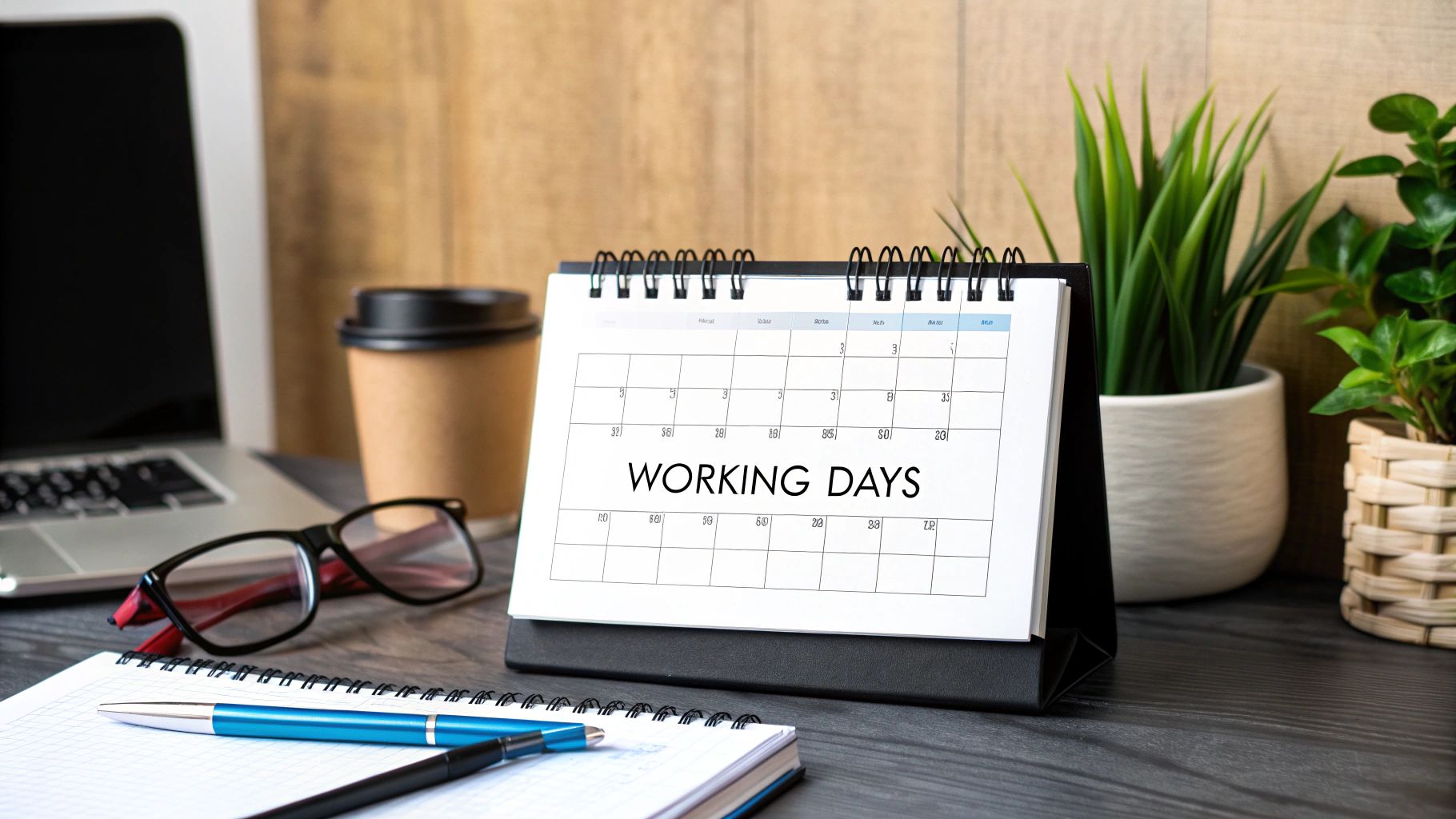 A person using a calculator with a calendar in the background.