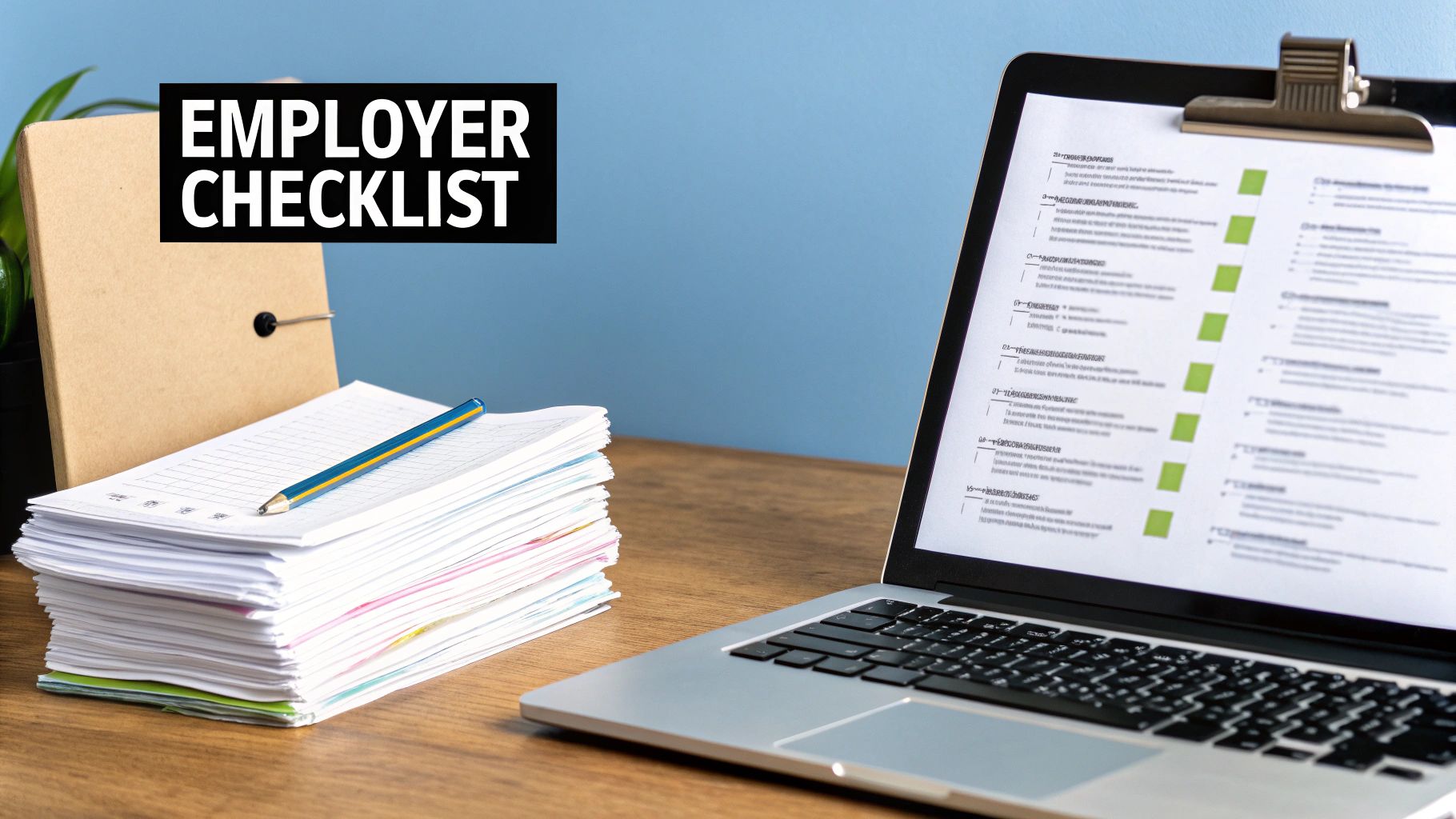 A laptop displays an employer checklist document on a desk next to a stack of papers and a pencil.