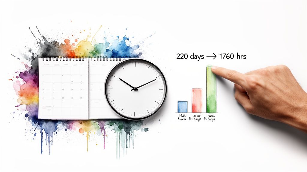 Illustration of a calendar, clock, and bar chart with a hand, depicting 220 workdays as 1760 hours.