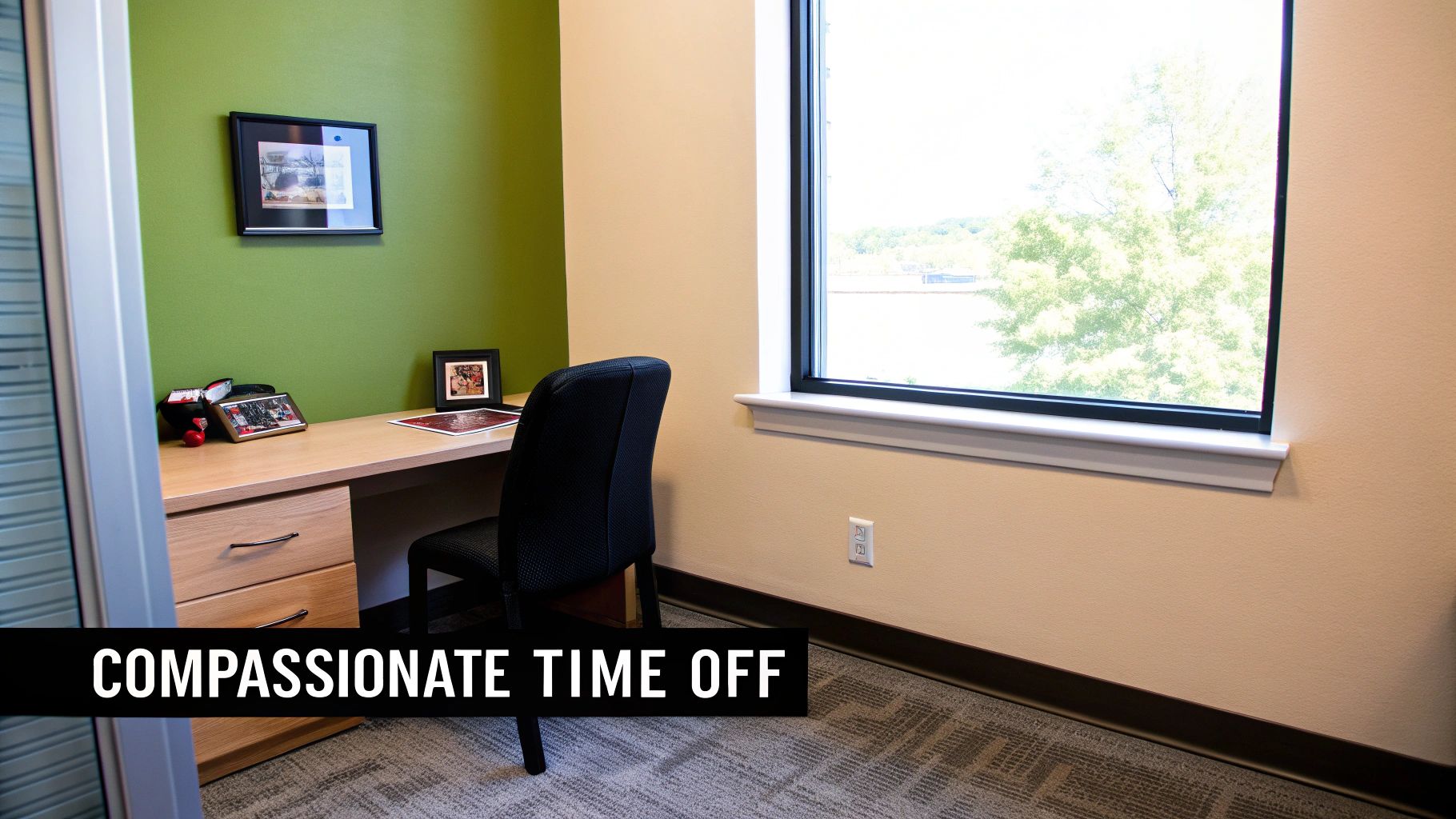 Modern office space with desk, chair, and large window providing natural light for employee wellbeing