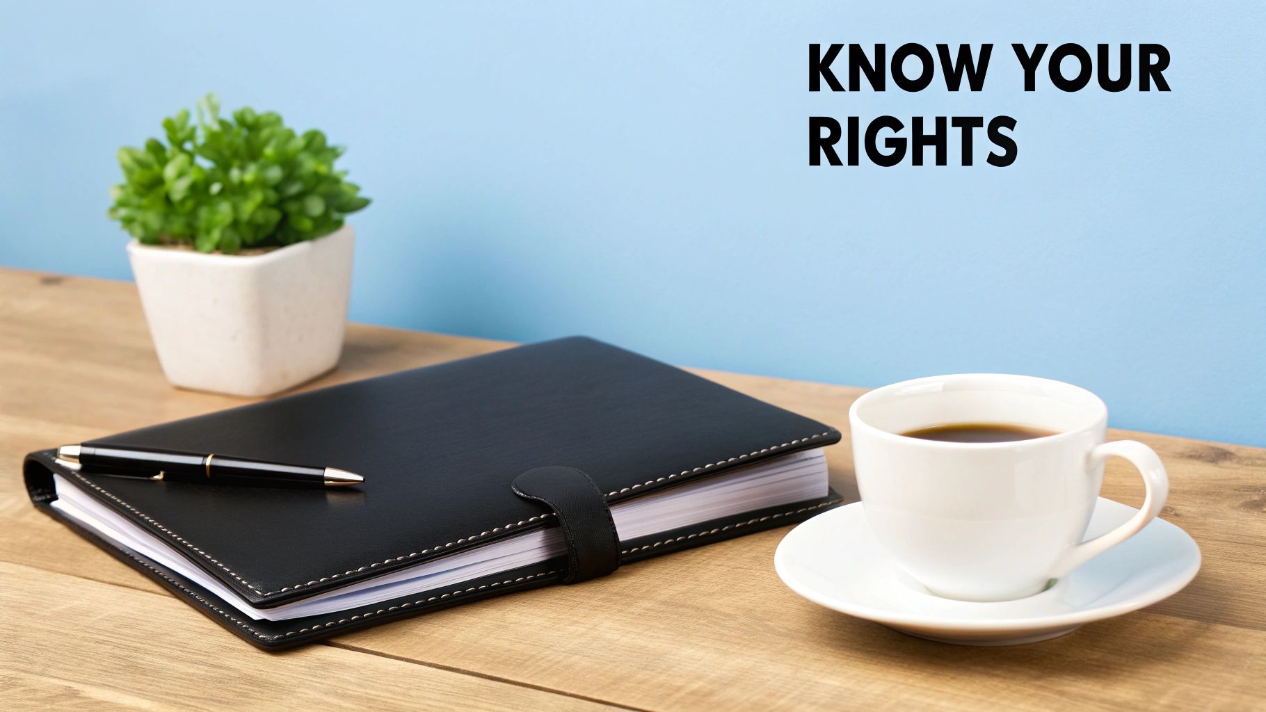 Black leather planner with pen next to coffee cup and plant displaying know your rights text