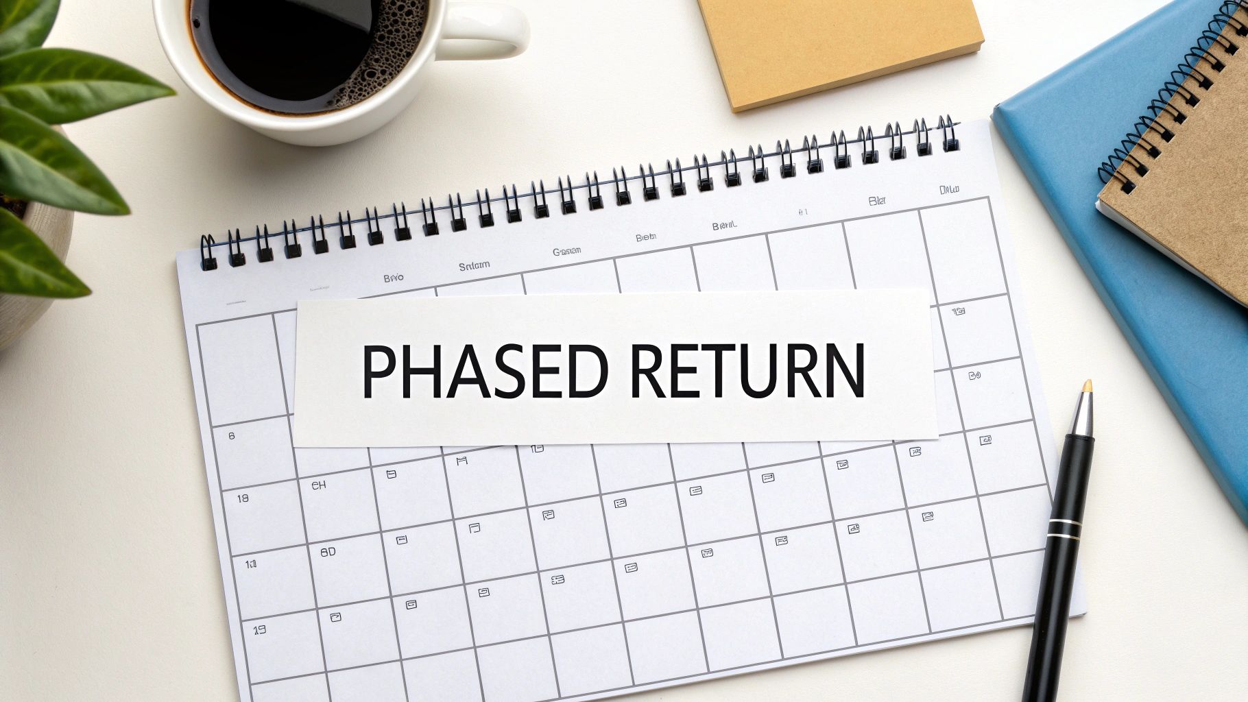 Phased return calendar planner on desk with coffee, notebooks, and pen for workplace planning