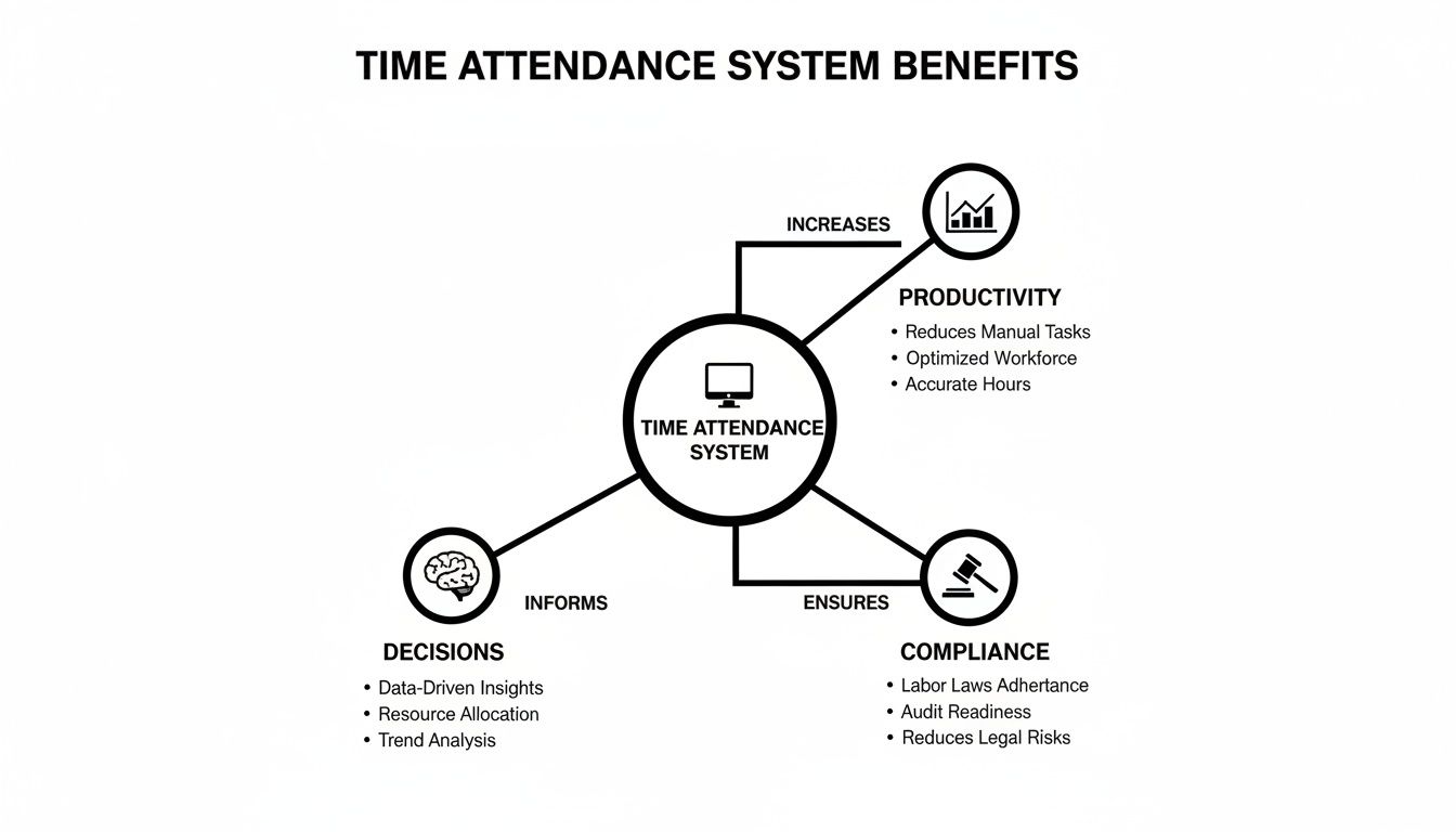 An infographic detailing the benefits of a Time Attendance System, including increased productivity, informed decisions, and ensured compliance.