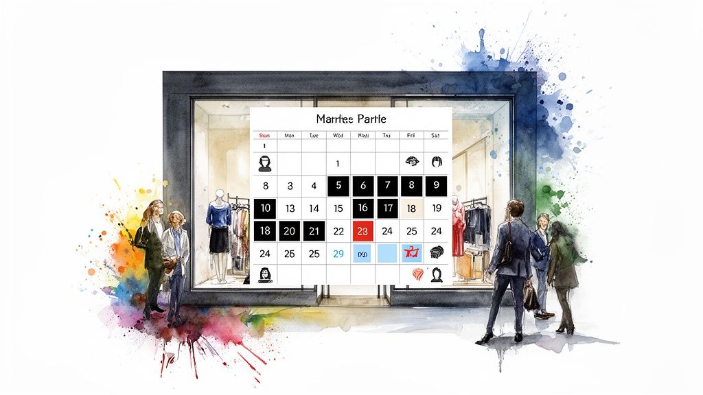 Watercolor illustration of a retail store window with a calendar overlay, showing event scheduling for shoppers.