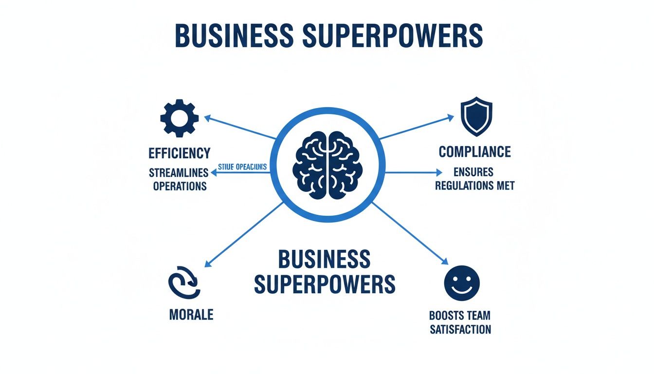 A diagram illustrating business superpowers: efficiency, compliance, morale, and team satisfaction, connected to a brain icon.