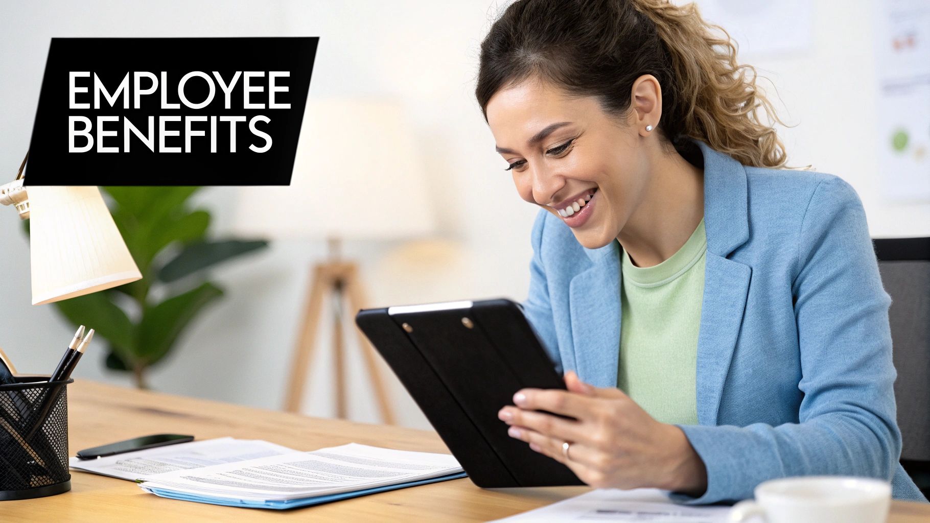 An HR manager reviewing a checklist of ESS software features on a laptop screen.