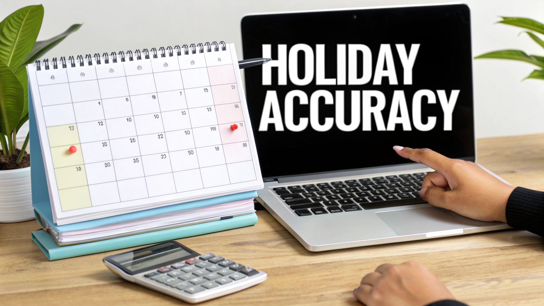 A person's hand pointing at a laptop screen showing "HOLIDAY ACCURACY" next to a calendar and calculator.