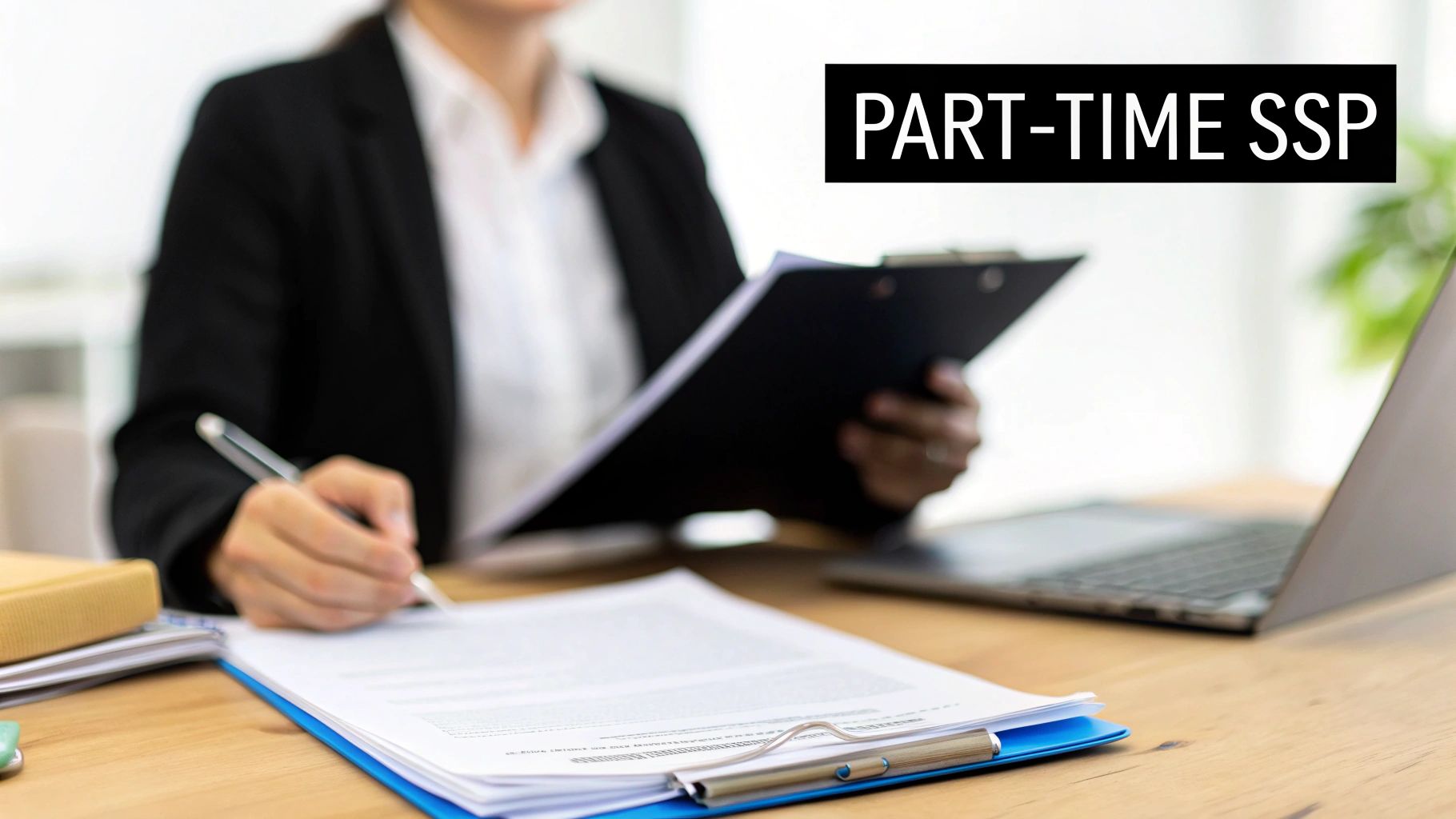 A person in a business suit writing on documents, with text "PART-TIME SSP" visible.