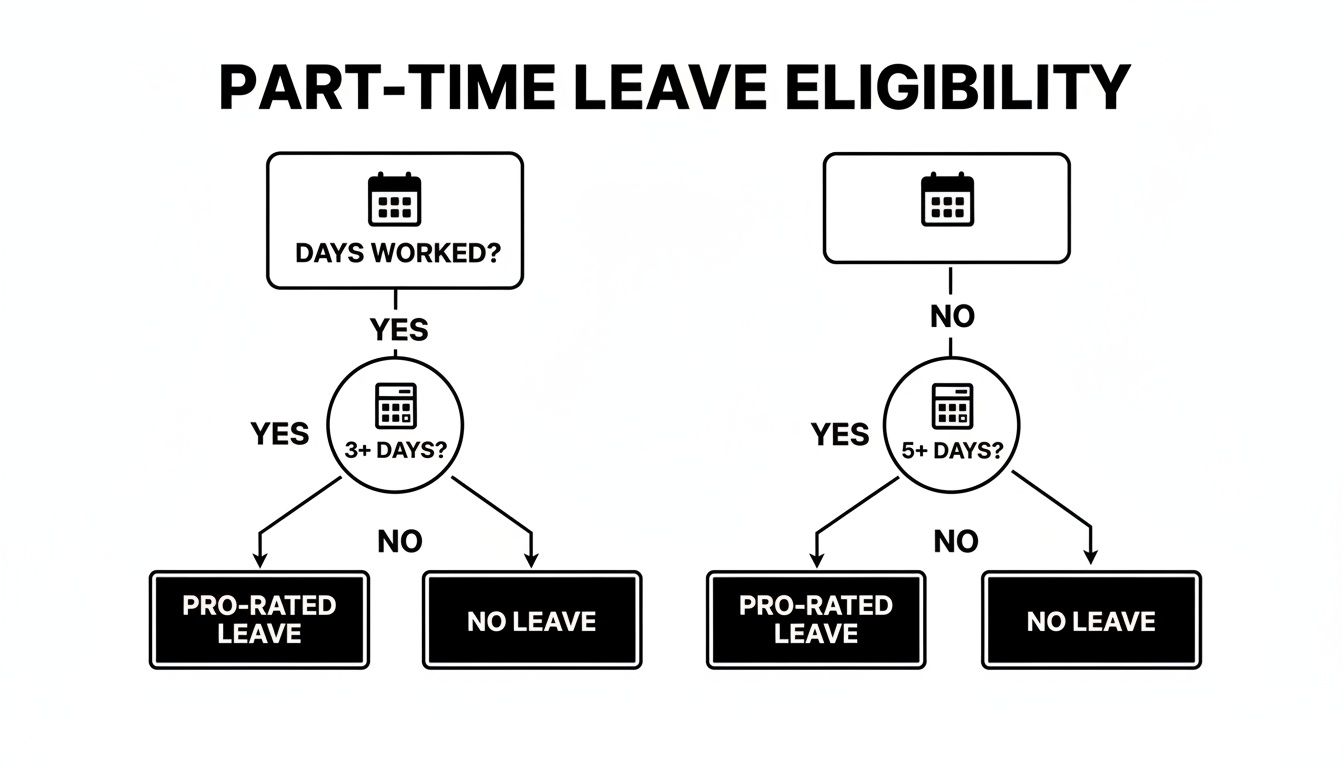 Flowchart detailing part-time leave eligibility based on days worked, outlining conditions for pro-rated or no leave.