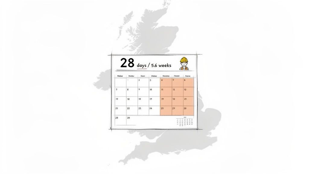 Calendar showing 28 days or 5.6 weeks with highlighted dates, a construction worker, and a UK map.