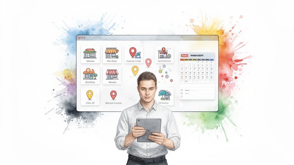 A man holds a tablet in front of a digital interface showing multi-location store management features.