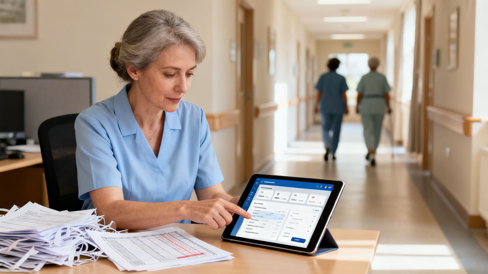 A female caregiver uses a digital tablet to manage records at a desk in a care home hallway.