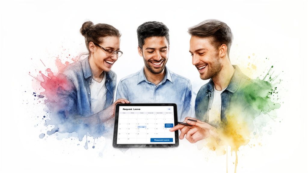 Happy employees manage holidays with a self-service leave request software on a tablet.