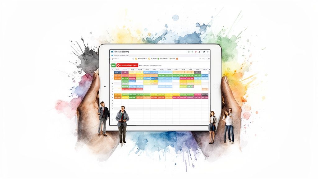 A watercolor illustration of hands holding a tablet displaying a classroom scheduling application with small people.