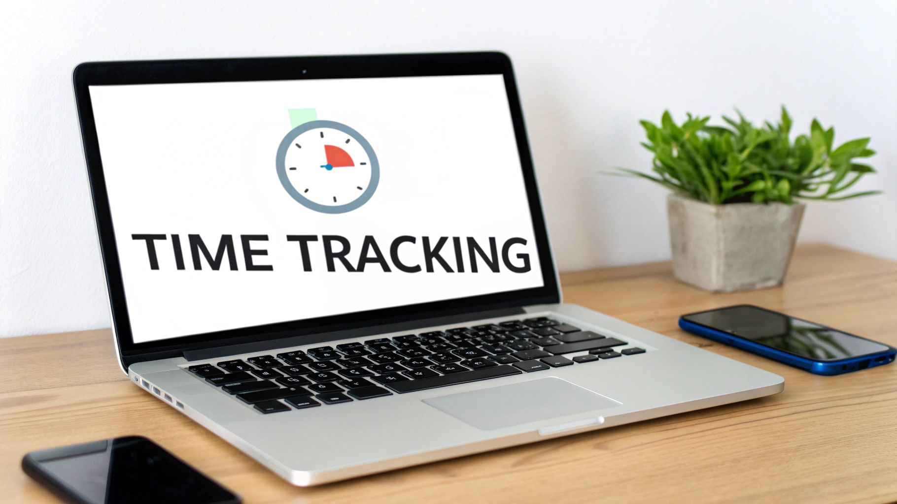 Laptop displaying time tracking software with stopwatch icon on wooden desk with plant and phone