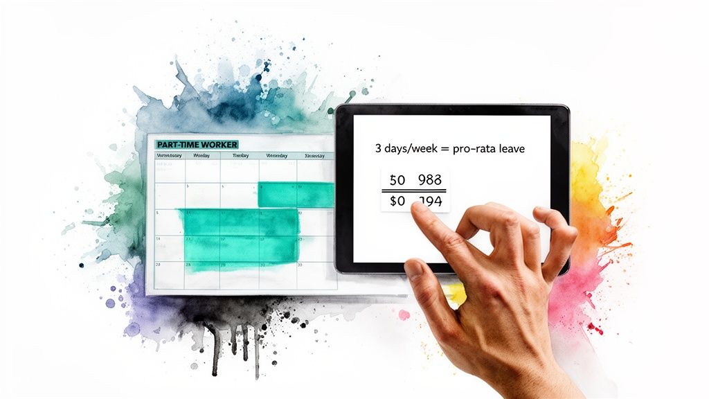 A hand interacts with a tablet showing pro-rata leave calculations next to a part-time worker calendar.